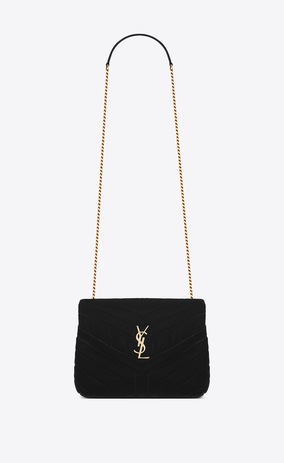 SAINT LAURENT Monogramme Loulou Damen Kleine Loulou Chain Bag aus schwarzem Samt mit Y-Steppnähten a_V4